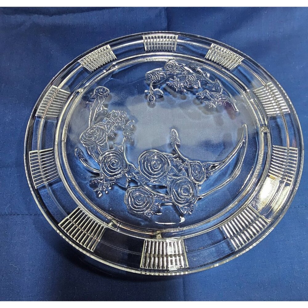 Clear Glass Etched Rose Design Footed Cake Plate Pattern 11.25 ", Vintage